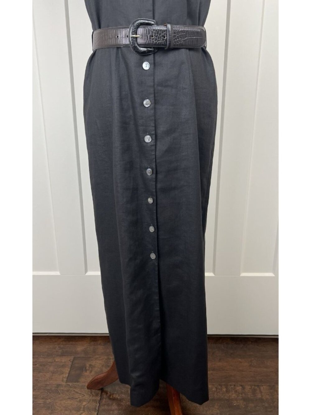 Vintage Harold’s Linen Shirt Dress Black Ivory Stitch Belted Midi Size 6 Sleek - Picture 4 of 16